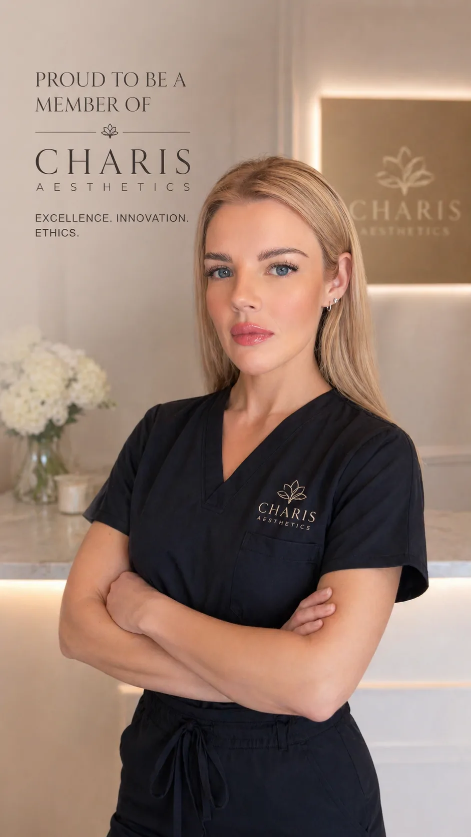 Ashleigh Trickett in the Charis Aesthetics treatment room, in front of the clinic's certificates