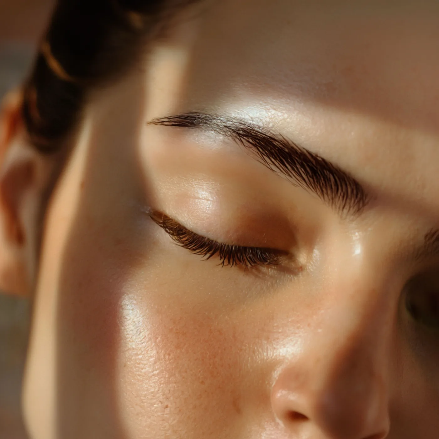 Close-up of the eye, brow and surrounding skin